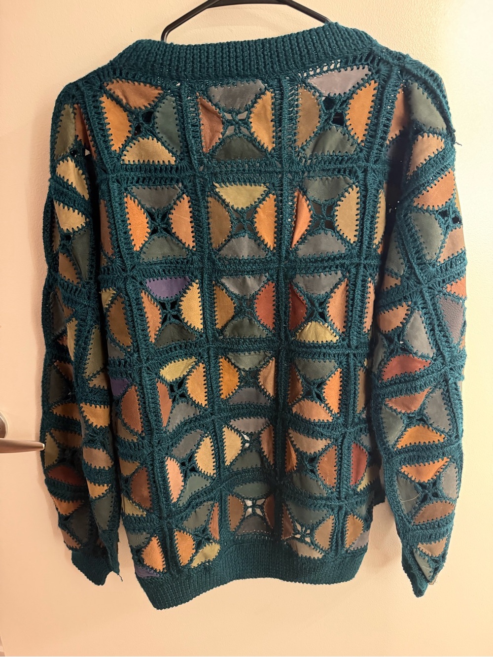 Vintage Crocheted Genuine Leather Patchwork Cardigan | Hand Knit One-of-a-kind - Picture 4 of 9